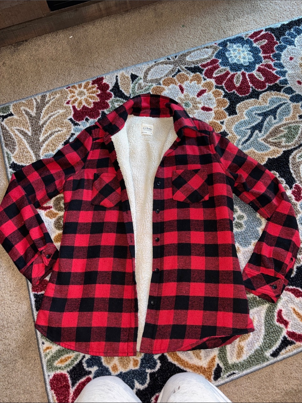 Ci Sono Red & Black Buffalo Plaid Sherpa-Lined Shirt Jacket